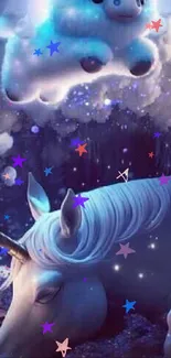 Fantasy unicorn sleeping under a magical cloud creature.