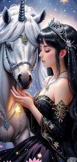 Fantasy wallpaper with a unicorn and woman in a starry forest.