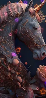 Beautiful unicorn with floral artwork in a fantasy theme, perfect for mobile wallpaper.