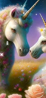 Magical unicorns with flowers in a fantasy landscape wallpaper.