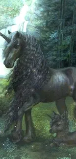 Majestic unicorn in a lush forest with waterfalls, ideal for mobile wallpaper.