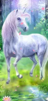 Magical unicorn in a mystical forest setting with vibrant greenery.