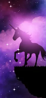 Silhouetted unicorn on a cliff against a purple galaxy background.