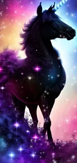 Black unicorn standing in a colorful galaxy with sparkling stars.