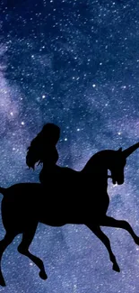 Silhouette of a unicorn against a starry galaxy background.