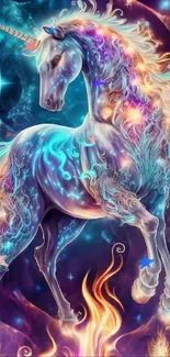 Majestic unicorn in colorful galaxy background, vibrant hues.