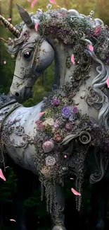 Fantasy unicorn with floral details in a mystical forest.