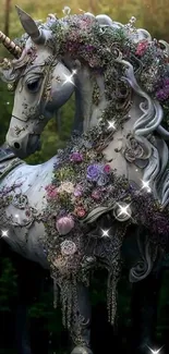 Mystical unicorn adorned with flowers in a serene forest setting.