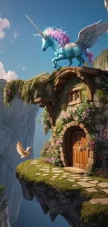 A blue unicorn with wings stands on a stone house on a cliff, surrounded by flowers.