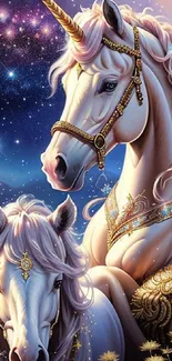 Artistic wallpaper of unicorns under a starry sky with intricate details.