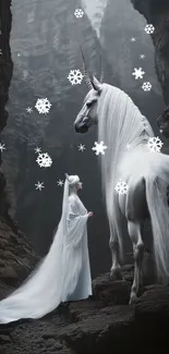 Mystical unicorn with snowflakes in a fantasy landscape.