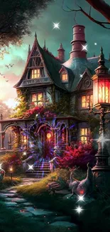 Enchanting Victorian house with glowing lanterns and lush garden art.