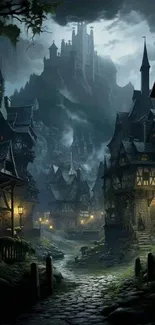 Mystical village at night with glowing lanterns and castle view.