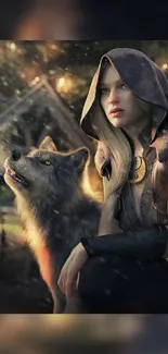 Hooded warrior with wolf in mystical forest scene.