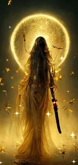 Mystical warrior with golden glow and butterflies, mobile wallpaper.