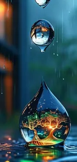 A stunning water drop art capturing a fantasy landscape inside.