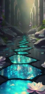 Mystical glowing water pathway with flowers.