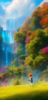 Whimsical forest with waterfalls and colorful foliage in vibrant mobile wallpaper.