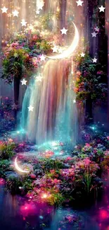 Magical waterfall with vibrant flora and crescent moons at twilight.