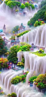 Enchanting waterfall with lush greenery and mystical houses, perfect for tranquility.