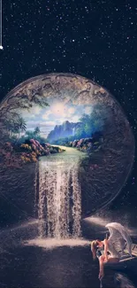 Fantasy art of a celestial portal with a waterfall under a starry sky.