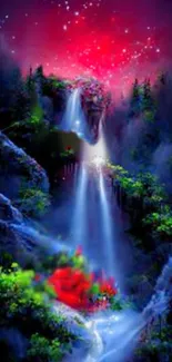 Fantasy art with waterfall, red starry sky, and lush greenery.