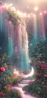 Enchanted waterfall with moonlight and flowers in a fantasy landscape.