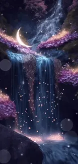 Mobile wallpaper of an enchanted waterfall with glowing flowers and a crescent moon.