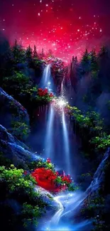 Enchanting waterfall under a red starry night sky in a lush fantasy forest.