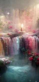 Magical waterfall with vibrant roses and a serene, mystical ambiance.