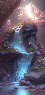 Ethereal waterfall with glowing tree under the moonlight.