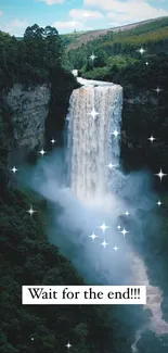 Scenic waterfall with sparkles in dense forest