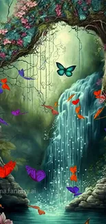 Enchanted forest with waterfall and butterflies mobile wallpaper.