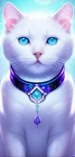 A mystical white cat with blue eyes and a magical aura, perfect for fantasy wallpaper.