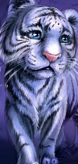 Enchanted white tiger in a purple forest, magical mobile wallpaper.