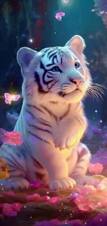 Enchanting white tiger with butterflies in a magical forest setting.