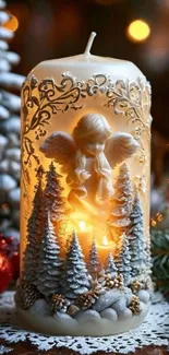 A winter-themed candle with an angel glow and festive decorations.