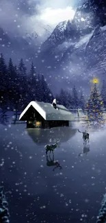 Serene snowy night with cabin and deer in a wintery forest landscape.