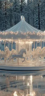 Enchanted carousel in snowy winter setting with lights.