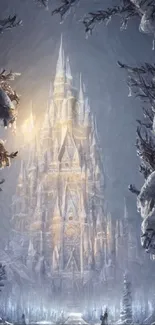 Mystical winter castle with snowy trees in enchanting art design.