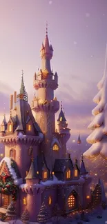 Enchanting snowy castle with warm glowing lights, perfect for winter fantasy theme.