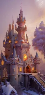 Enchanting winter castle glowing with golden lights in a snowy fairytale setting.