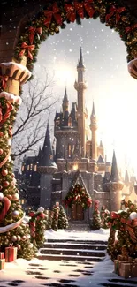 Enchanting winter castle adorned with festive holiday decorations.