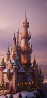 Enchanted castle with snow-covered turrets in winter twilight.