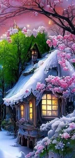 Enchanted snow-covered cottage with pink blossoms and trees.