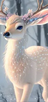 Ethereal winter deer in a snowy forest, adorned with flower crown.