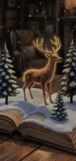 Illuminated deer in snowy book scene with trees.