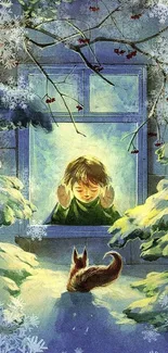 Child at brightly lit window with fox in snow-covered forest.