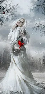 Enchanted winter fairy in a snowy forest landscape mobile wallpaper.