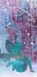 Fairy silhouette amidst snowy, starry winter forest.